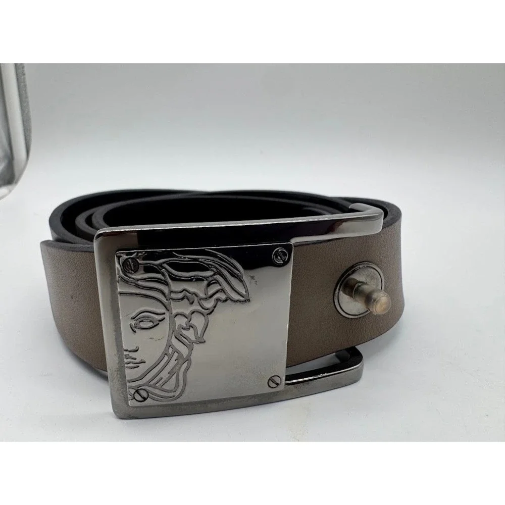 Versace Medusa Head Buckle Brown Leather Belt Mens Size 38 Gunmetal Hardware